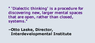 Text Box: “Dialectic thinking” is a procedure for discovering new, larger mental spaces that are open, rather than closed, systems.  - Otto Laske, Director, Interdevelopmental Institute  